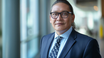 Fototapeta premium Confident Native American Businessman in a Suit and Glasses in Modern Office