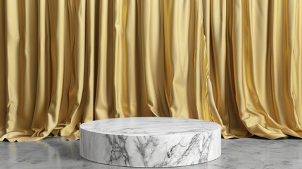 Marble pedestal display against gold drapes