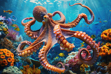Obraz premium An octopus glides through coral reefs, tentacles trailing, in a vibrant underwater scene
