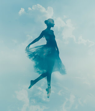 Beautifull ballerina in a tutu against a blue sky. Double exposure of the dancer and the clouds. Pastel colors, ethereal cloudscapes background.