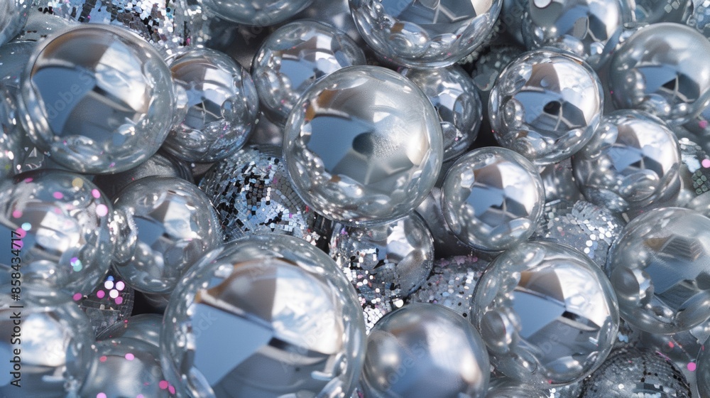 Poster symmetrical arrangement of silver disco balls with intricate patterns and textures, captured aeriall