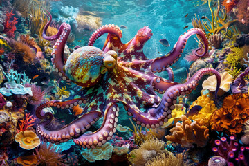 An octopus glides through coral reefs, tentacles trailing, in a vibrant underwater scene