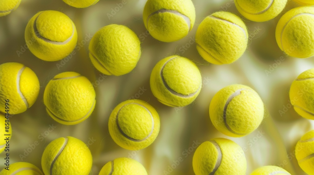 Poster symmetrical aerial shot of perfectly arranged yellow tennis balls creating intricate geometric patte