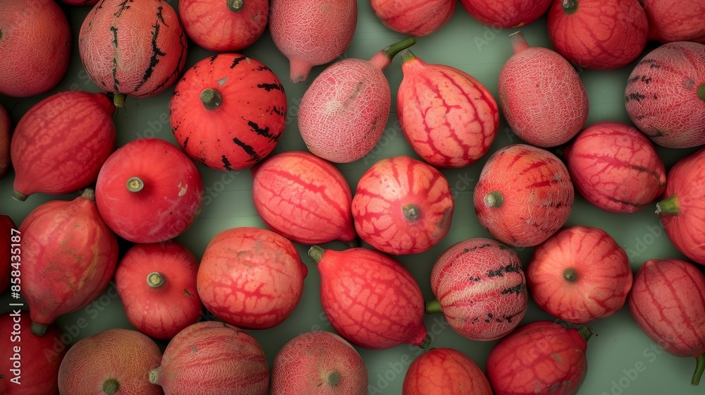 Poster aerial symmetry of red watermelons with distinct geometric patterns in soft natural lighting