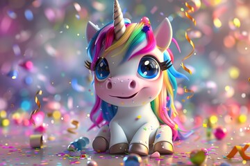 Fototapeta premium Illustration of cute baby unicorn on blurred confetti background