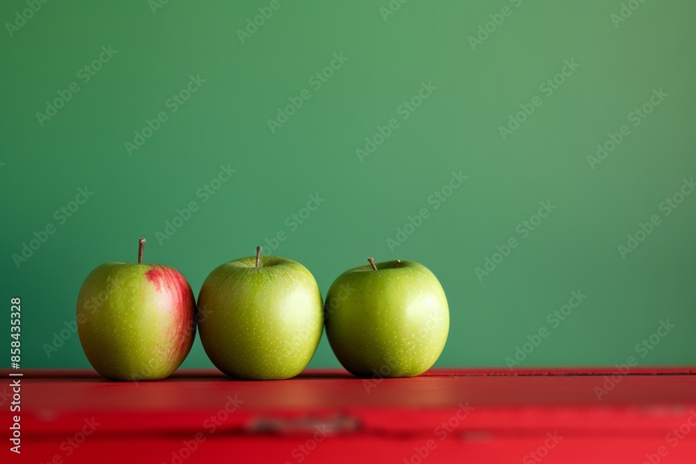 Poster Symmetrical Composition of Three Apples on Red Table Against Green Background, Captured with Long Exposure and High-Definition Techniques
