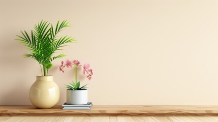 A minimalist brown bookshelf in a contemporary living room, with a focus on clean design and functionality. The image includes ample copy space for adding text or other elements.