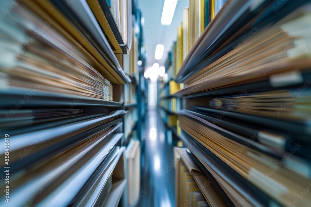 Aufkleber Abstract Symmetrical View of Blurry Documents in Beige Folders with White Office Background Using Long Exposure Photography