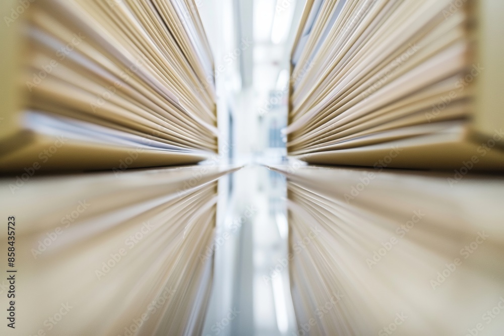 Poster abstract symmetrical view of blurred documents in beige folders with white office background, captur