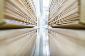 Obraz premium Abstract Symmetrical View of Blurred Documents in Beige Folders with White Office Background, Captured with Long Exposure and Wide-Angle Lens
