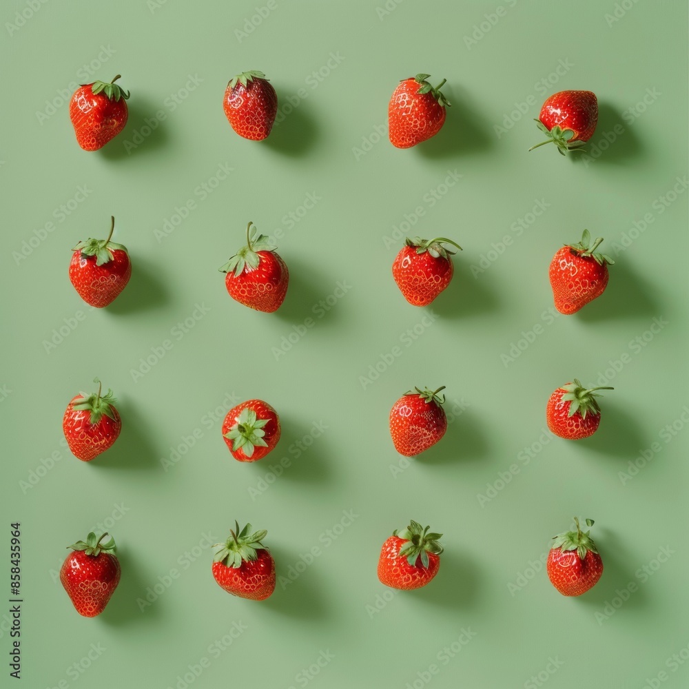 Aufkleber Vibrant Pattern of Red Strawberries with Consistent Spacing on a Green Background, Symbolizing Freshness and Simplicity