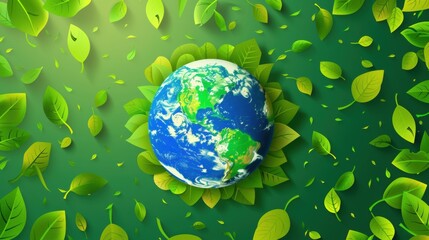 Green leaves frame earth globe on green background