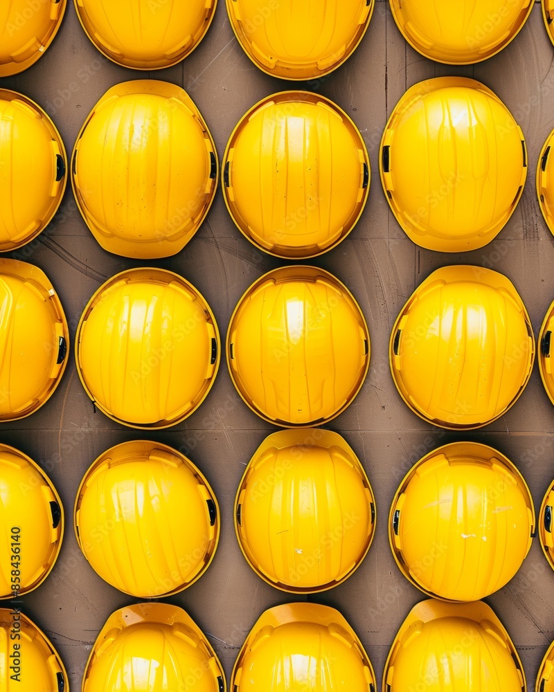 Poster Aerial View of Symmetrically Arranged Yellow Construction Helmets Highlighting Geometric Textures and Patterns