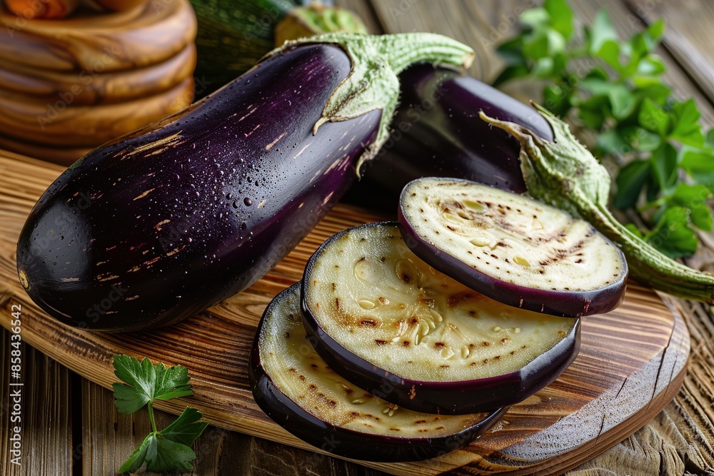 Wall mural Fresh pieces of eggplant on wooden background