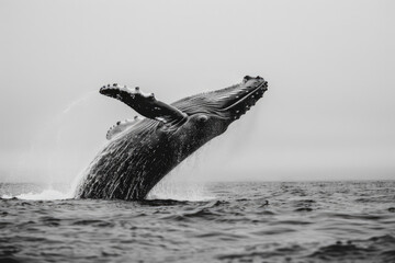 Fototapeta premium A whale breaches the ocean surface, creating a spectacular splash.