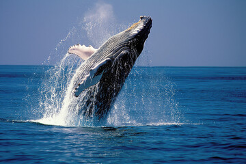 Naklejka premium A whale breaches the ocean surface, creating a spectacular splash.