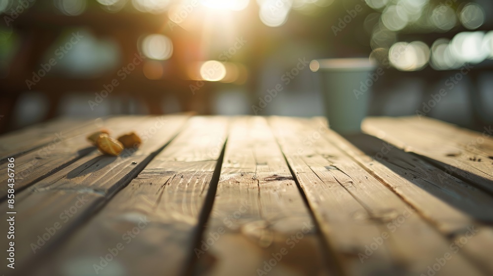 Poster sunlit rustic wooden table at outdoor market with summer atmosphere and bokeh background for product