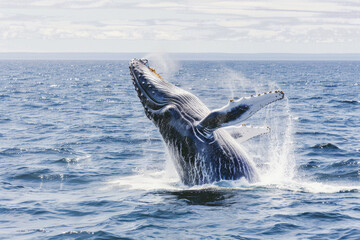 Fototapeta premium A whale breaches the ocean surface, creating a spectacular splash.
