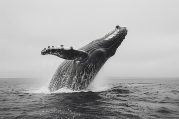 Naklejka premium A whale breaches the ocean surface, creating a spectacular splash.