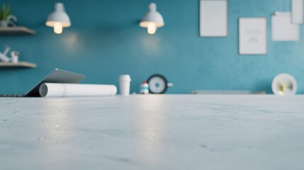 Modern Office Interior for Engineering Professionals with Polished White Table, Blueprints, and Laptop