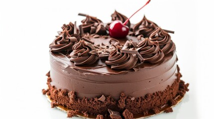 A decadent chocolate cake presented on a pristine white background