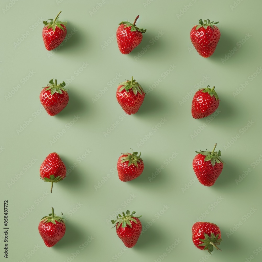 Poster bright and vibrant red strawberries on a green background: patterned composition with soft shadows