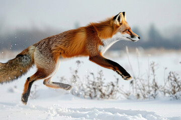 Obraz premium A fox leaps through a snowy field, mid-air with a determined expression