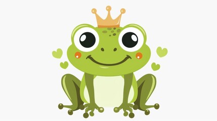 Fototapeta premium Playful kawaii style clip art of the Frog Prince, featuring a frog with big eyes and a crown, delightfully rendered on white