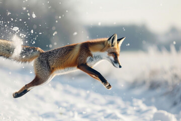 A fox leaps through a snowy field, mid-air with a determined expression