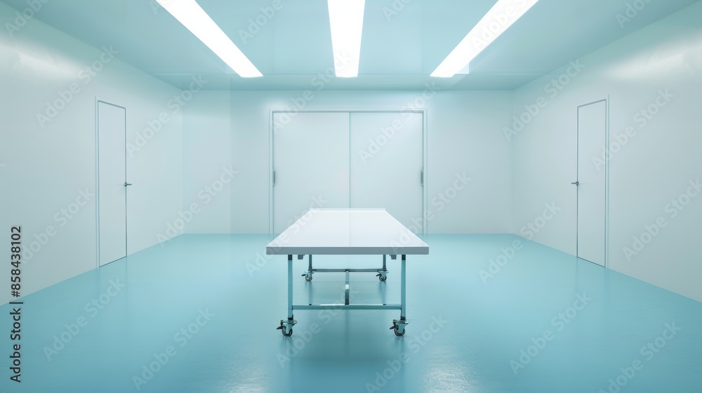 Poster pristine laboratory interior with illuminated, clean white table and soft overhead lighting, emphasi