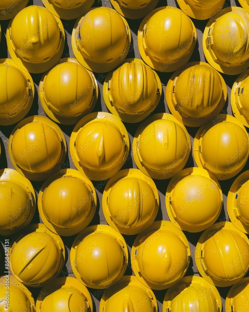 Poster top-down symmetrical display of yellow construction helmets with detailed texture and geometric arra