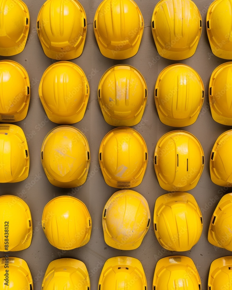 Poster symmetrical aerial view of yellow construction helmets pattern on a textured background, bright dayl