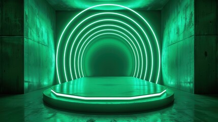 Fototapeta premium Futuristic green neon lights showcase platform