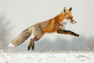 Fototapeta premium A fox leaps through a snowy field, mid-air with a determined expression