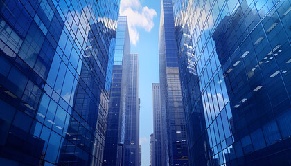 Fototapeta premium Looking up at skyscapers from the street
