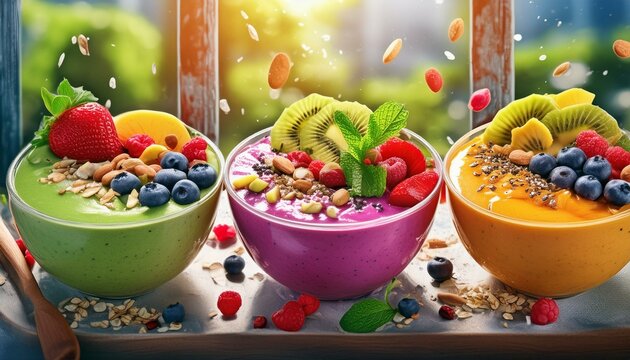 Colorful smoothie bowls topped with fresh fruits, nuts, seeds, and granol