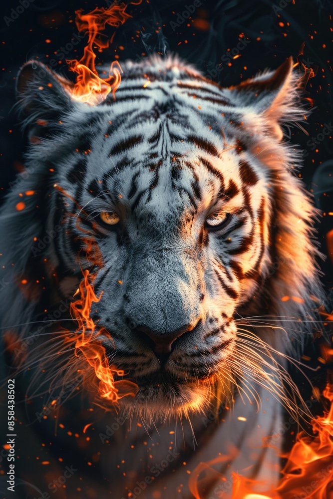 Poster a close-up view of a tiger's face with flames burning in the background