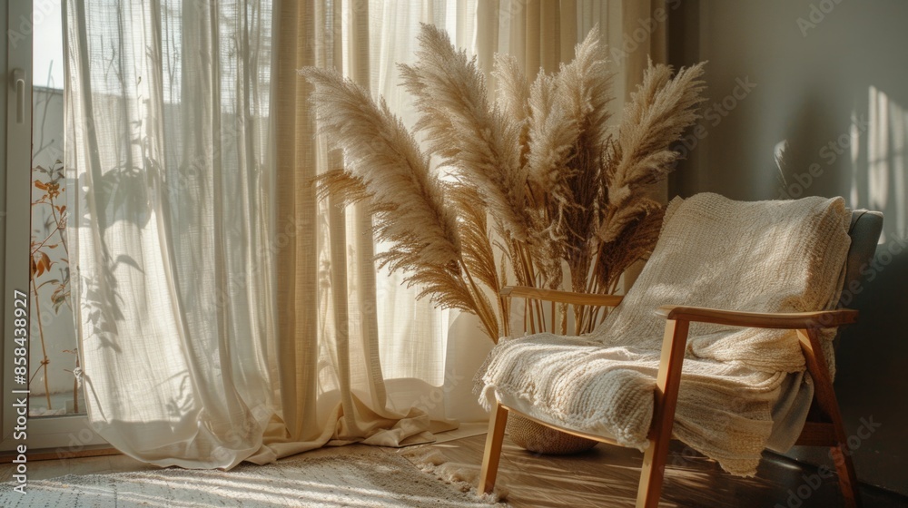Poster a chair sits next to a curtain in front of a window