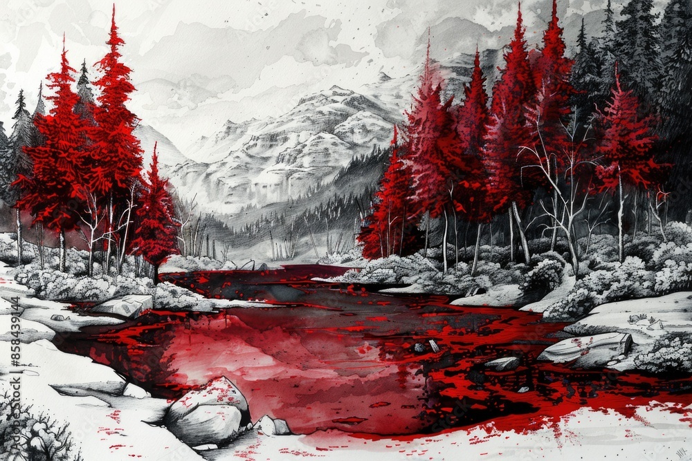 Poster a serene landscape featuring a red river flowing through a forest, surrounded by tall trees and lush