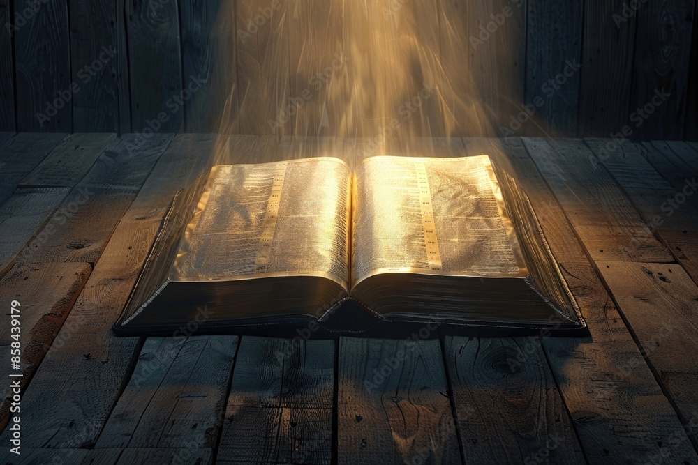 Poster An open book lying on a wooden floor with soft light shining from within