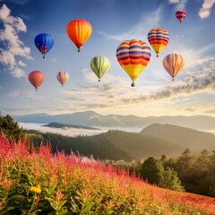 Naklejka premium hot air balloon in the mountains