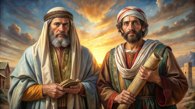 Two prophets of God from the time of Jesus Christ holding a scroll and rebuilding the Holy City illustration