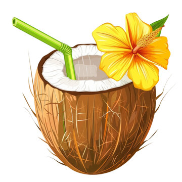 recommend clip art: Tropical coconut drink with a straw, decorated with a vibrant yellow hibiscus flower, perfect for summer and beach themes.