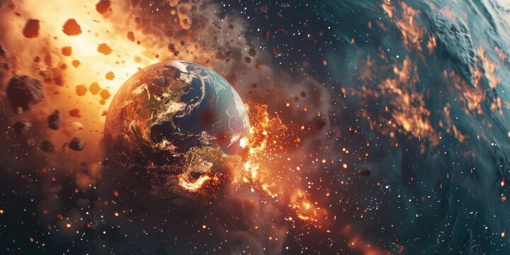 A planet is destroyed in a massive explosion in the vastness of space, with debris and gas clouds filling the surrounding area