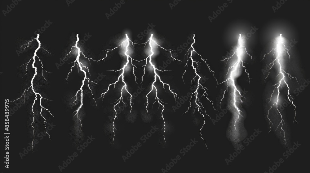 Poster a group of lightning flashes illuminated on a dark, black background