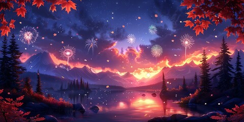 Fototapeta premium Canadian landscape with fireworks over a lake at night