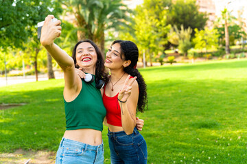 Interracial couple of friends take a photo with a vintage camera.