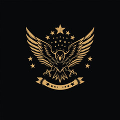 A golden eagle with outstretched wings, holding a ribbon and stars Logo