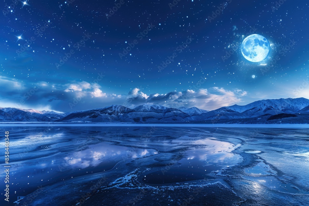 Poster a serene scene of a full moon shining down on a frozen lake, perfect for use in winter-themed design