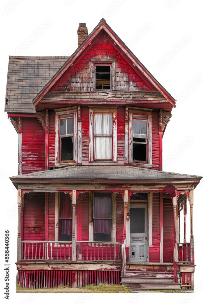 Poster Abandoned old red house with a broken window, great for storytelling or setting the scene for a mysterious event